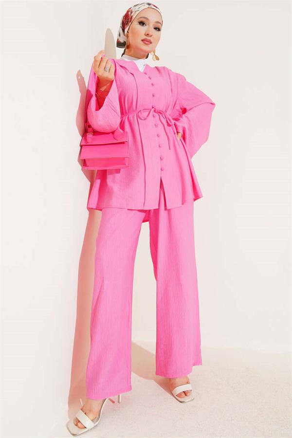 Rope Belted Brit Buttoned 2 Piece Set Pink