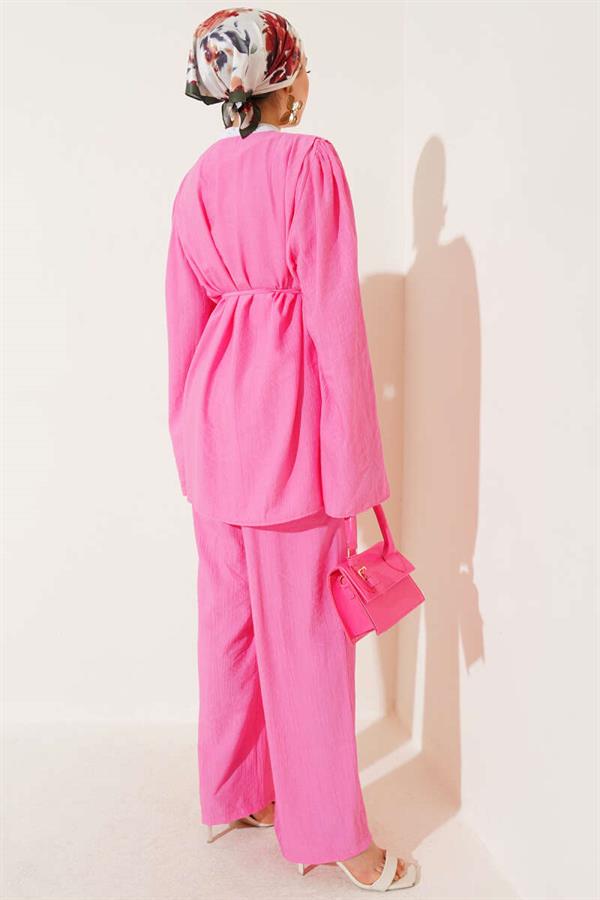 Rope Belted Brit Buttoned 2 Piece Set Pink