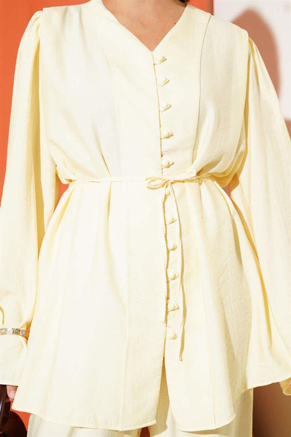 Rope Belted Brit Buttoned 2 Piece Set Yellow