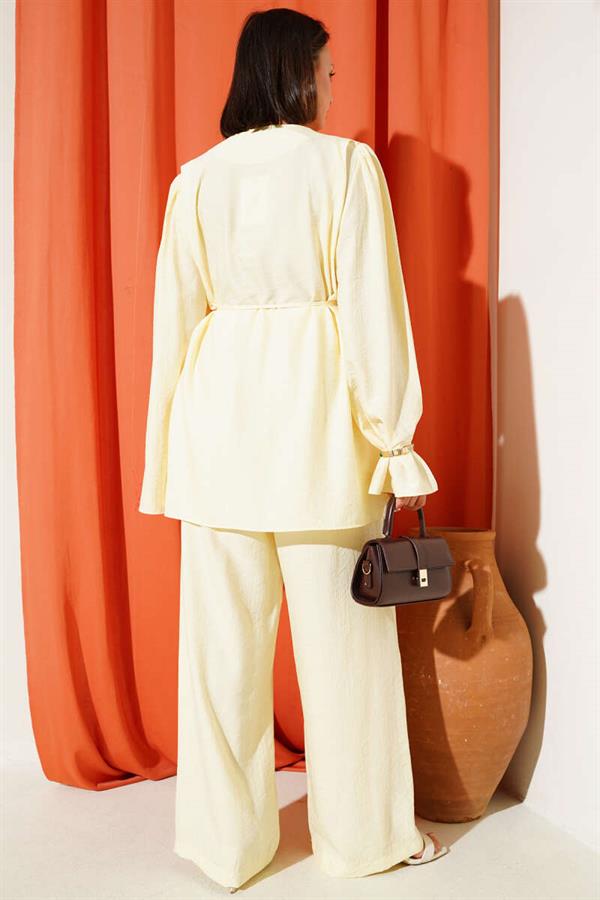 Rope Belted Brit Buttoned 2 Piece Set Yellow