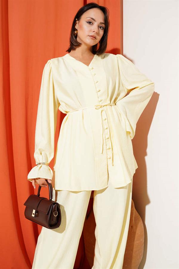 Rope Belted Brit Buttoned 2 Piece Set Yellow