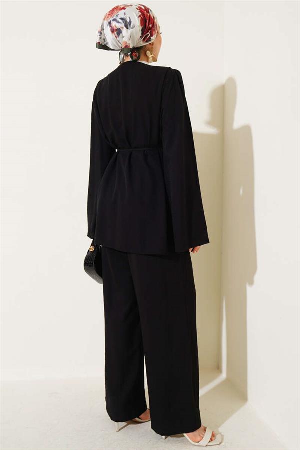 Rope Belted Brit Buttoned 2 Piece Set Black