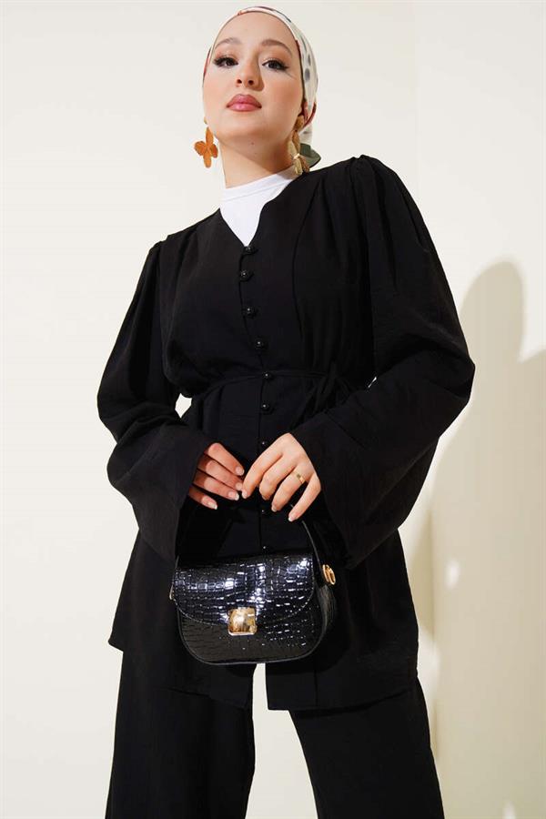 Rope Belted Brit Buttoned 2 Piece Set Black