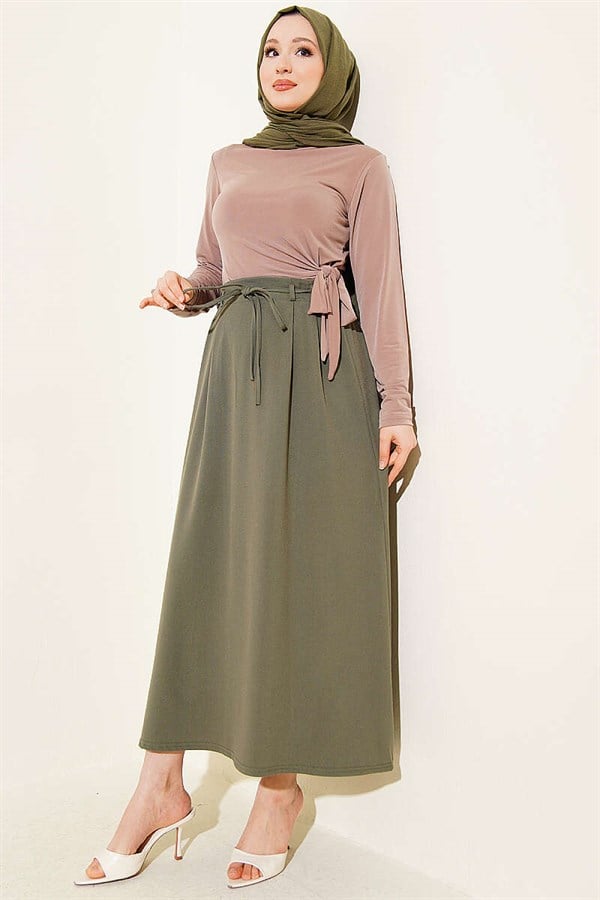 Khaki Skirt with Double Darts and Strappy Belt