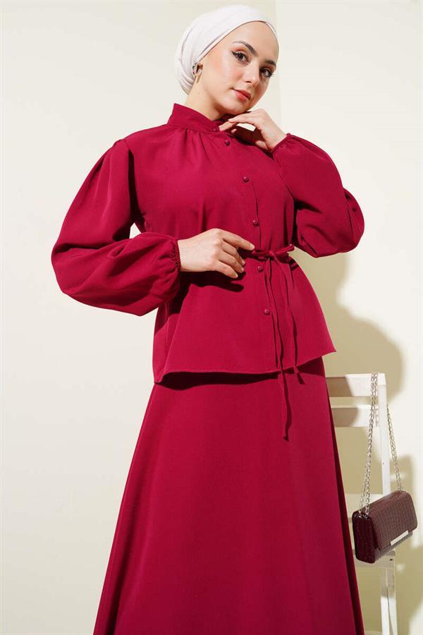 2 Piece Set with Rope Belt and Buttoned Skirt, Burgundy