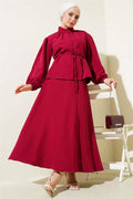 2 Piece Set with Rope Belt and Buttoned Skirt, Burgundy