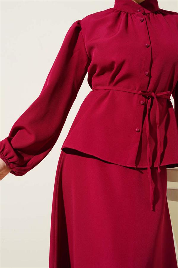 2 Piece Set with Rope Belt and Buttoned Skirt, Burgundy