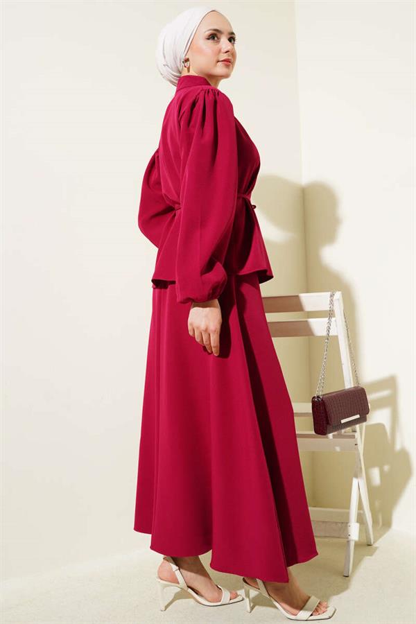 2 Piece Set with Rope Belt and Buttoned Skirt, Burgundy