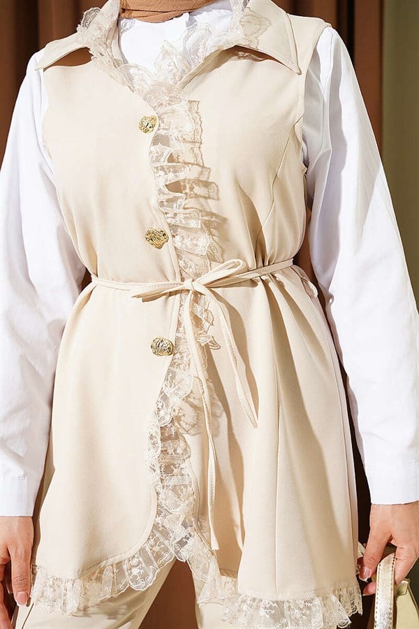 Beige 2 Piece Set with Lace Vest and Belt