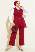 2 Piece Set with drawstring belt, ruffled and lace detailing, in burgundy.