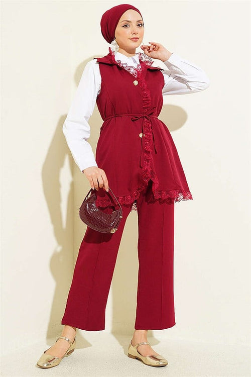 2 Piece Set with drawstring belt, ruffled and lace detailing, in burgundy.