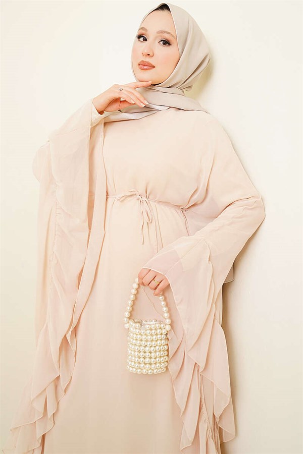 Beige Ruffled Chiffon Dress with Strappy Belt