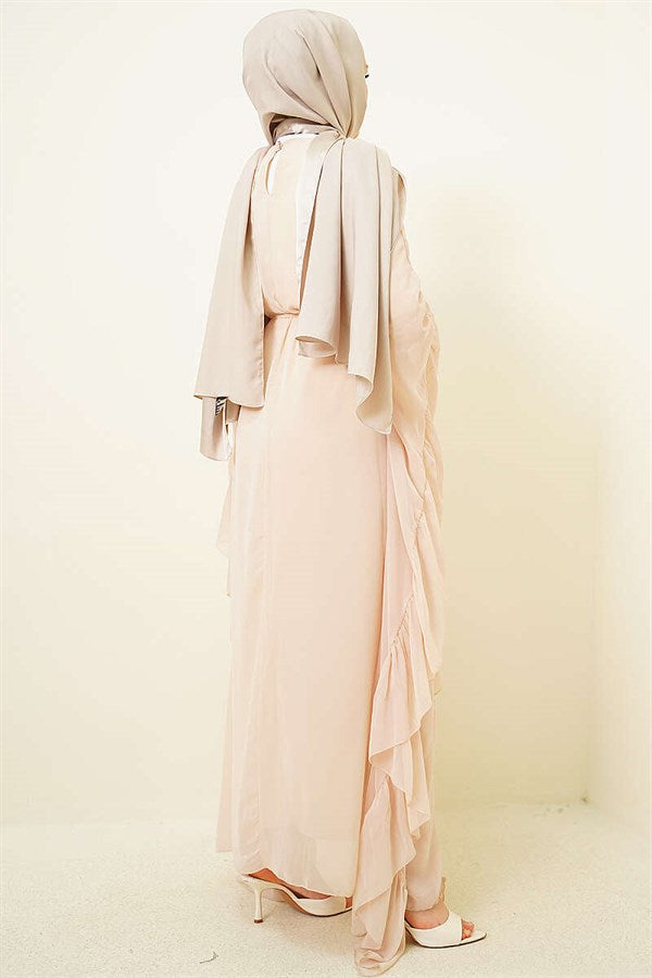 Beige Ruffled Chiffon Dress with Strappy Belt