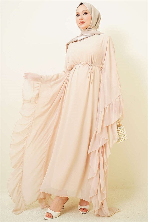 Beige Ruffled Chiffon Dress with Strappy Belt
