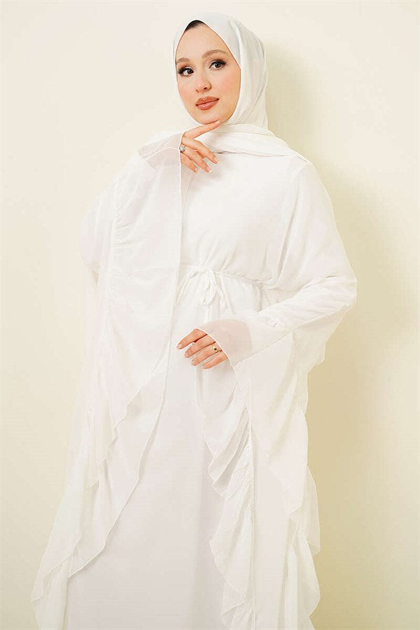 White Ruffled Chiffon Dress with Strappy Belt