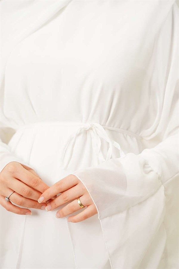 White Ruffled Chiffon Dress with Strappy Belt