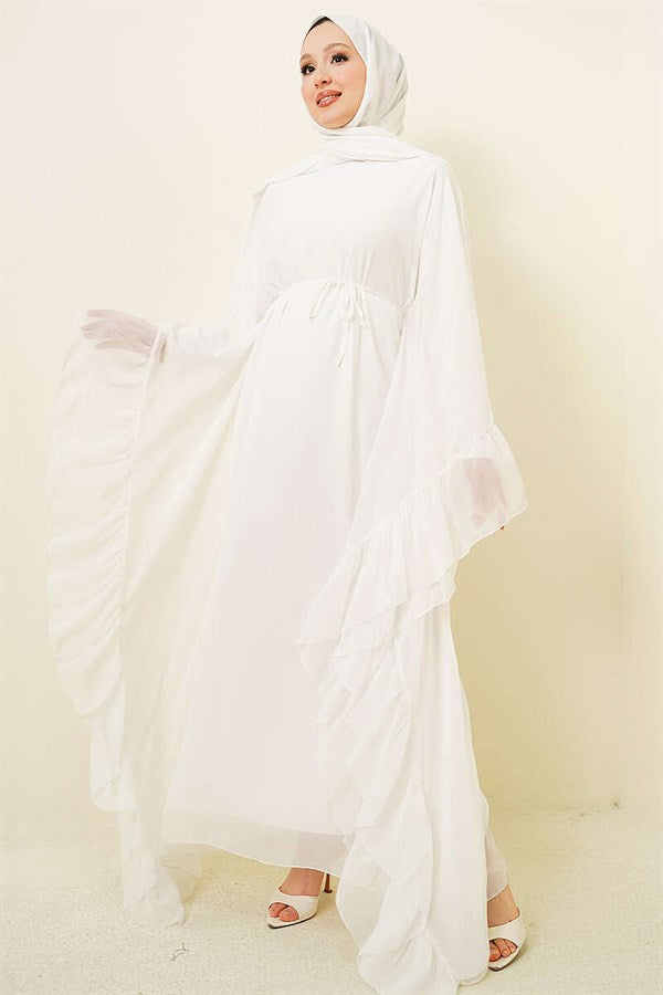 White Ruffled Chiffon Dress with Strappy Belt