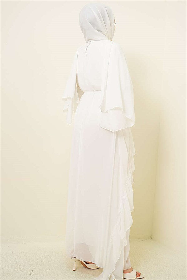 White Ruffled Chiffon Dress with Strappy Belt