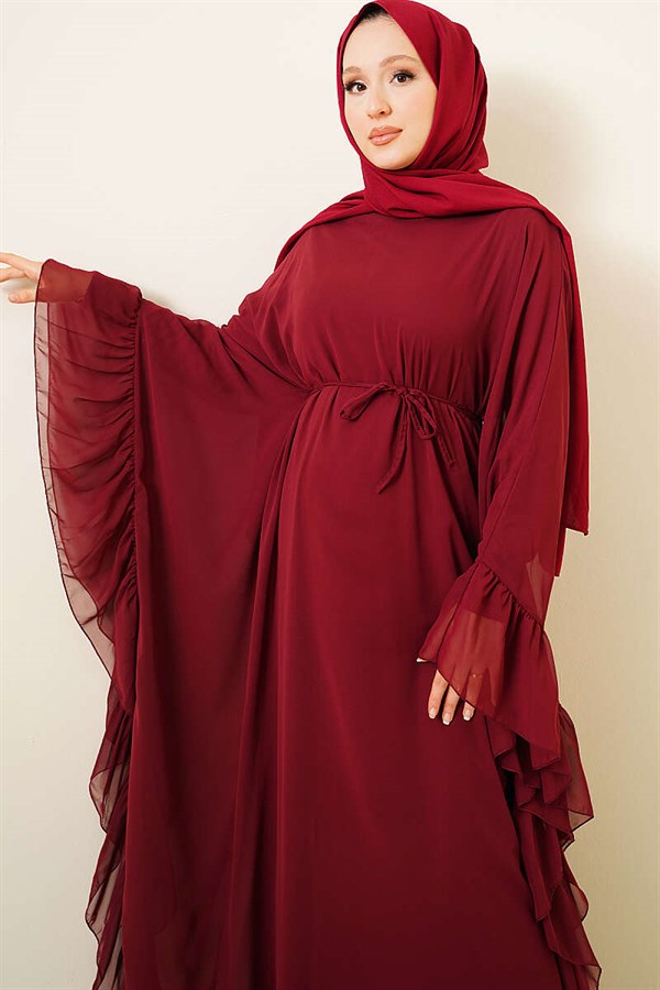 Burgundy Ruffled Chiffon Dress with Strappy Belt