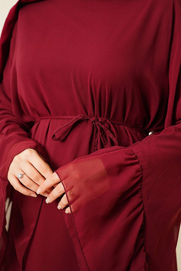 Burgundy Ruffled Chiffon Dress with Strappy Belt