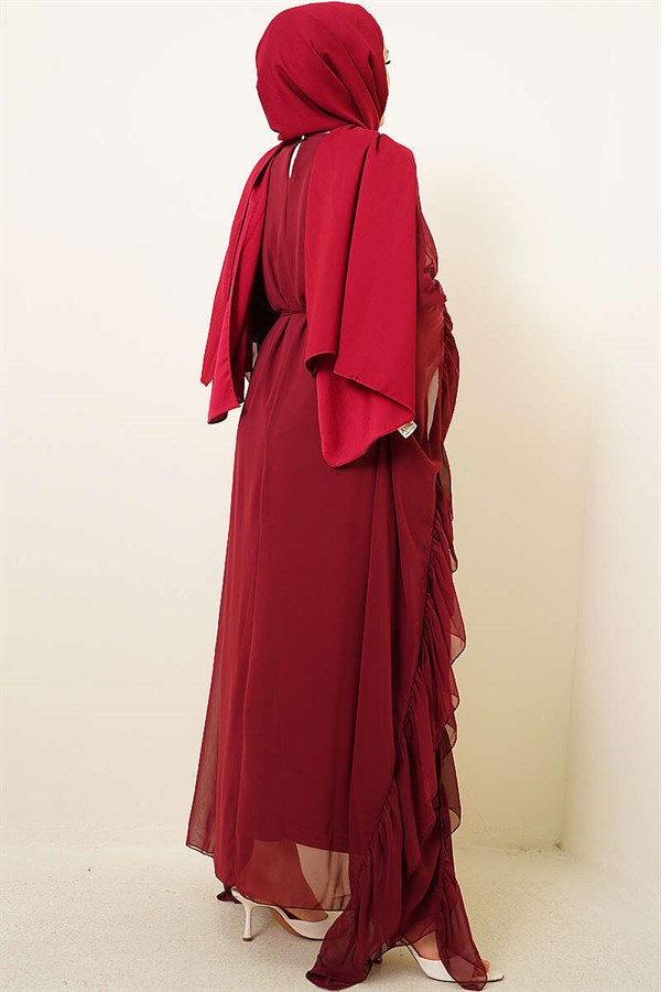 Burgundy Ruffled Chiffon Dress with Strappy Belt