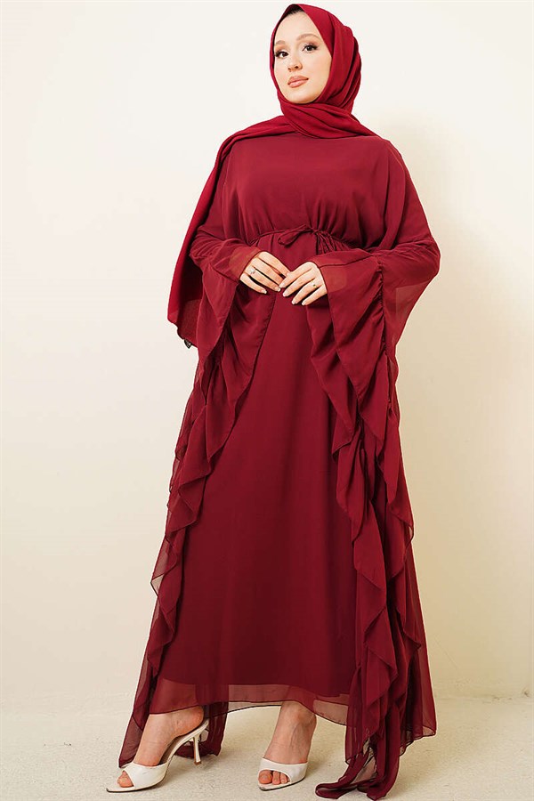 Burgundy Ruffled Chiffon Dress with Strappy Belt