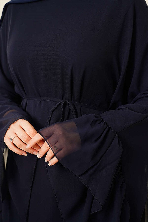 Navy Blue Ruffled Chiffon Dress with Strappy Belt