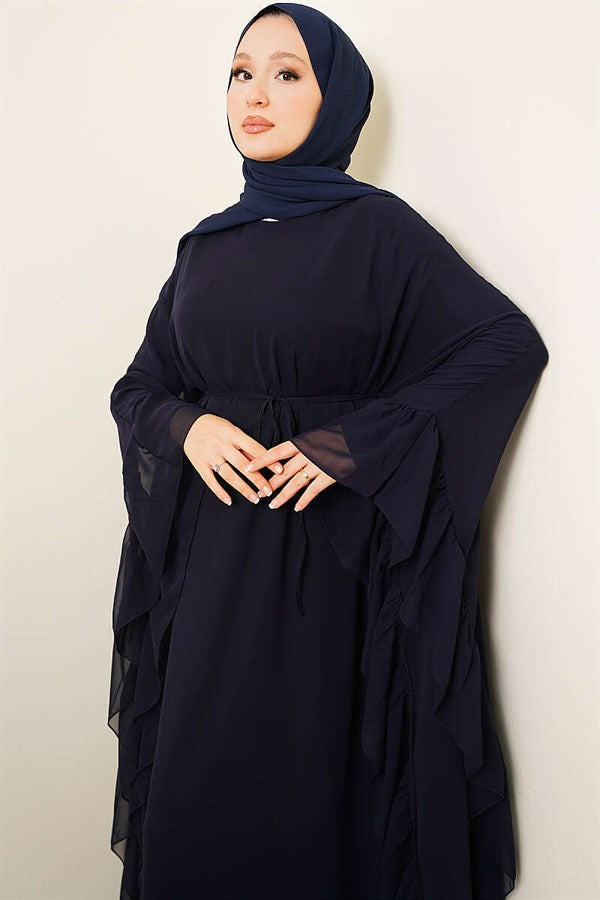 Navy Blue Ruffled Chiffon Dress with Strappy Belt
