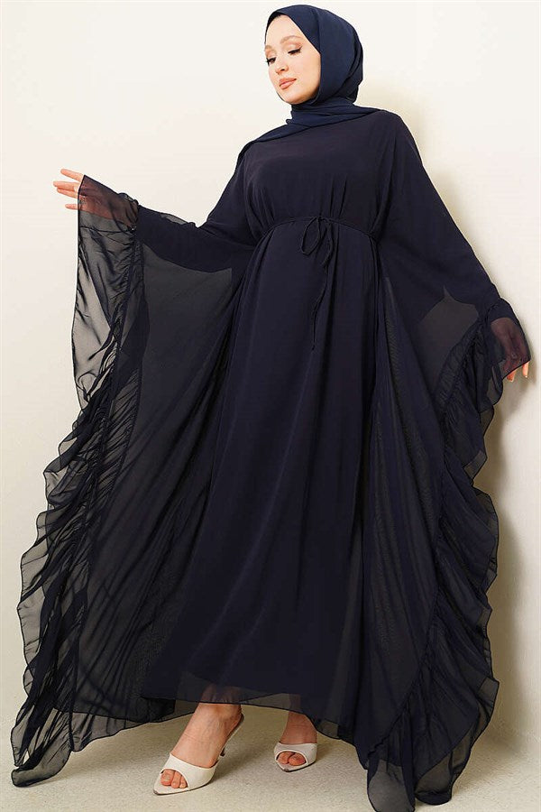 Navy Blue Ruffled Chiffon Dress with Strappy Belt