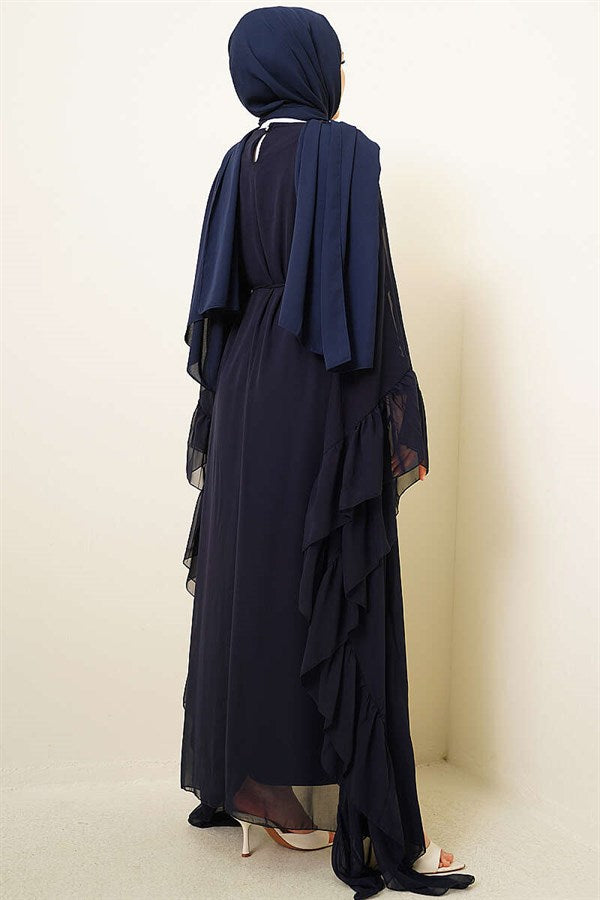 Navy Blue Ruffled Chiffon Dress with Strappy Belt