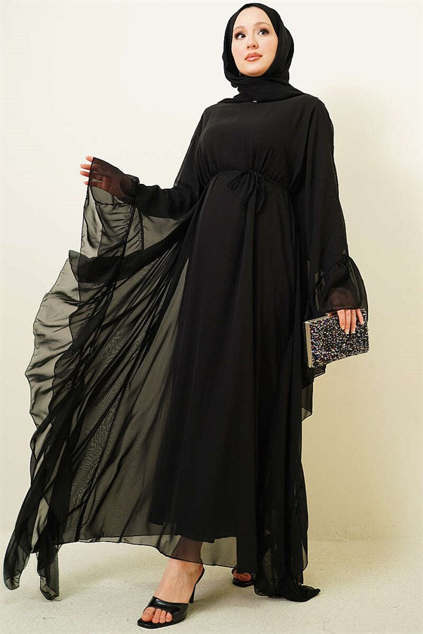 Black Ruffled Chiffon Dress with Strappy Belt