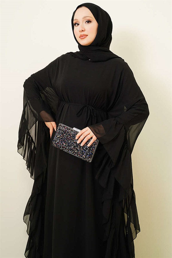 Black Ruffled Chiffon Dress with Strappy Belt