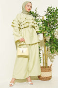 2 Piece Set Tunic with Drawstring Belt and Ruffles, Light Green