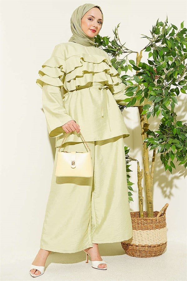 2 Piece Set Tunic with Drawstring Belt and Ruffles, Light Green