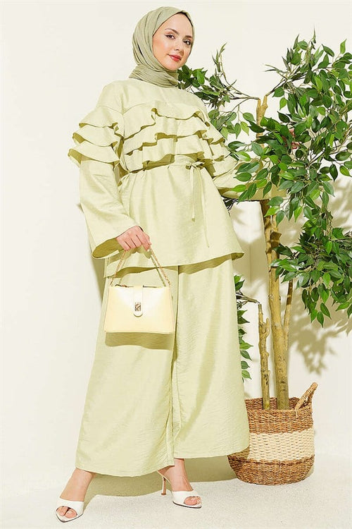 2 Piece Set Tunic with Drawstring Belt and Ruffles, Light Green