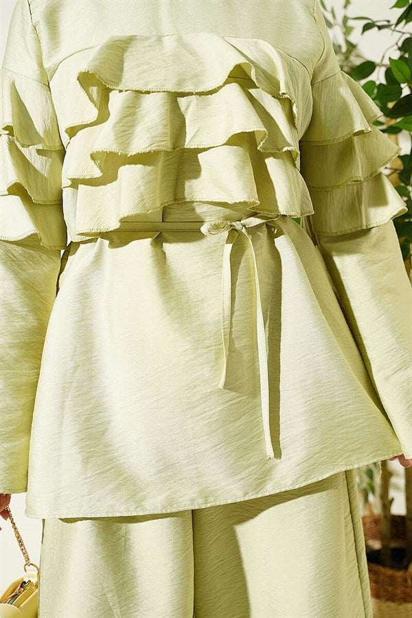 2 Piece Set Tunic with Drawstring Belt and Ruffles, Light Green