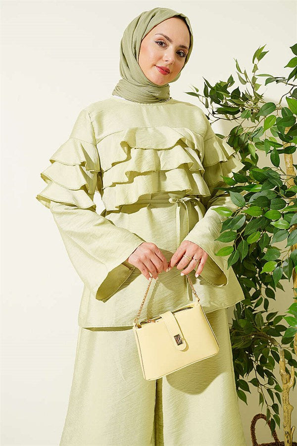 2 Piece Set Tunic with Drawstring Belt and Ruffles, Light Green