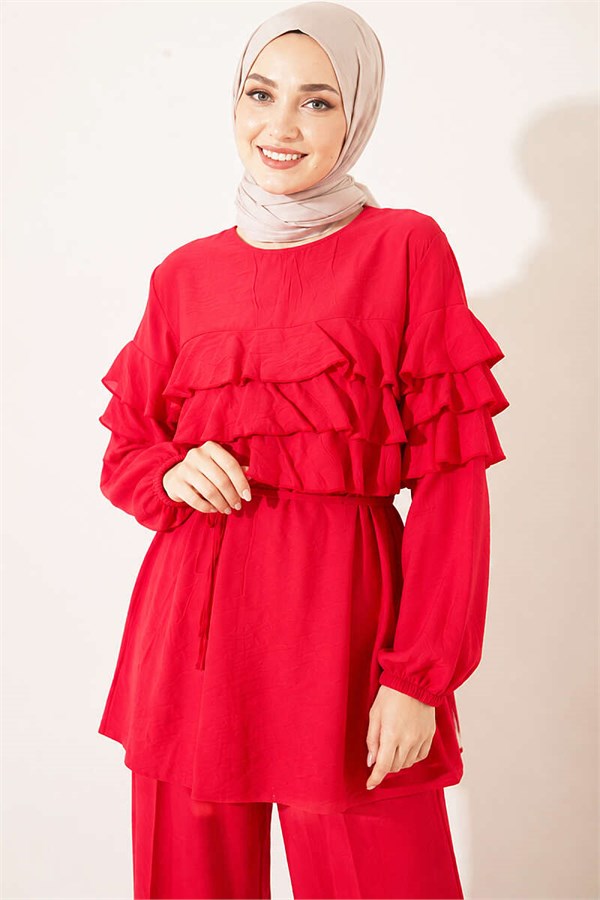 Two-Piece Tunic Set with Drawstring Belt and Ruffles, Red