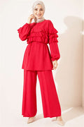 Two-Piece Tunic Set with Drawstring Belt and Ruffles, Red