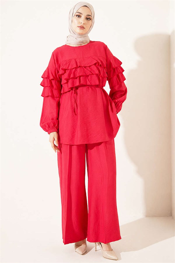Two-Piece Tunic Set with Drawstring Belt and Ruffles, Red