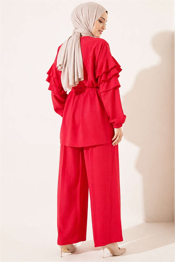 Two-Piece Tunic Set with Drawstring Belt and Ruffles, Red