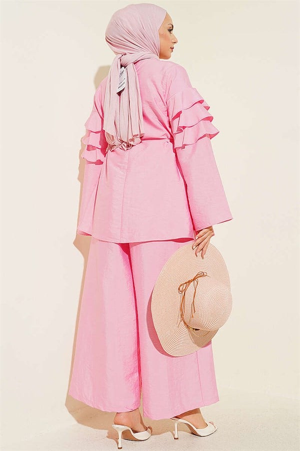 2 Piece Set Tunic with Drawstring and Ruffles, Pink