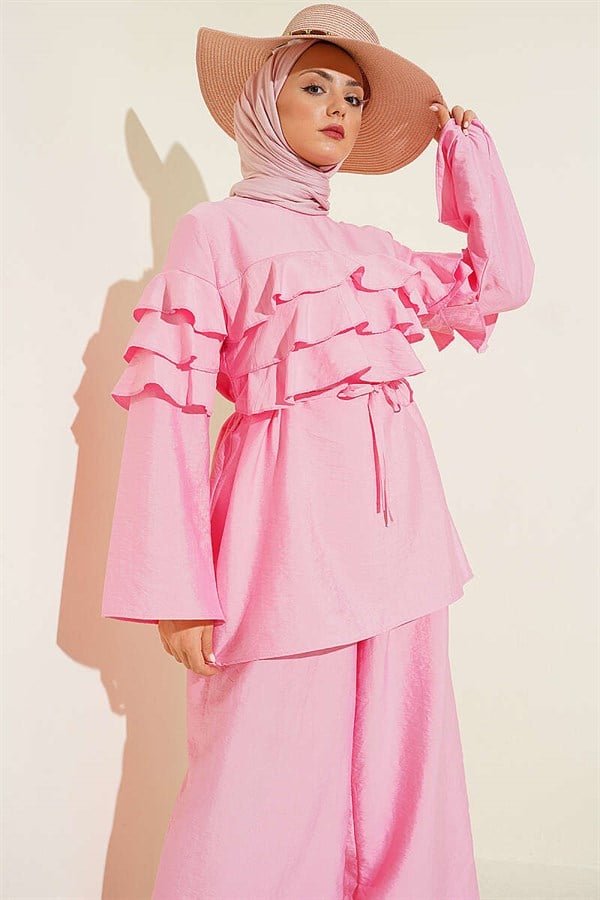 2 Piece Set Tunic with Drawstring and Ruffles, Pink