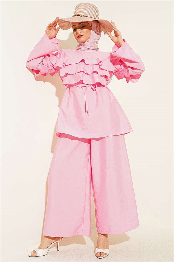 2 Piece Set Tunic with Drawstring and Ruffles, Pink