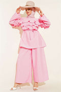 2 Piece Set Tunic with Drawstring and Ruffles, Pink