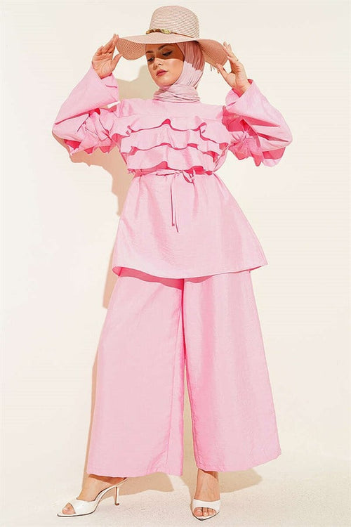 2 Piece Set Tunic with Drawstring and Ruffles, Pink