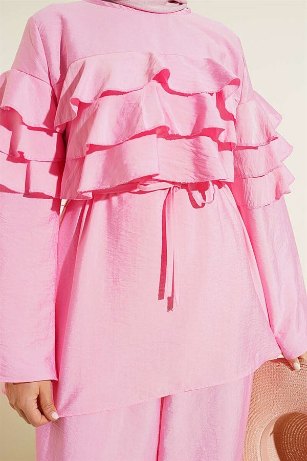 2 Piece Set Tunic with Drawstring and Ruffles, Pink