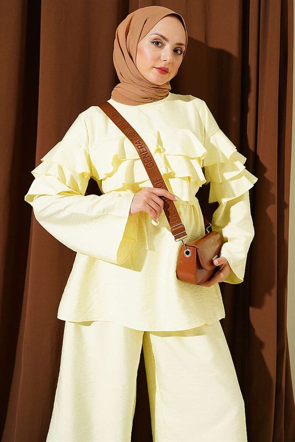 2 Piece Set Tunic with Drawstring Belt and Ruffles, Yellow