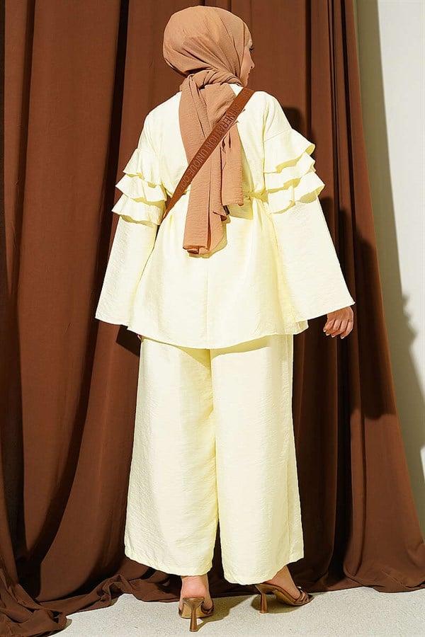 2 Piece Set Tunic with Drawstring Belt and Ruffles, Yellow