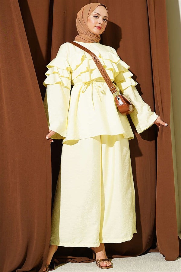 2 Piece Set Tunic with Drawstring Belt and Ruffles, Yellow